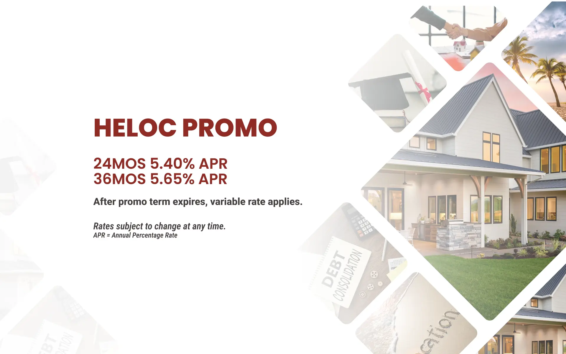 A promotional flyer with mortgage rate offers, featuring images of a house, handshake, and financial documents.