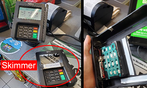 image of a card skimmer detatched from a card reader at a gas station